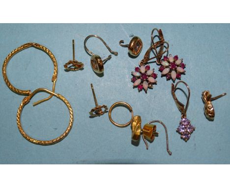 A pair of 9k gold ruby and opal daisy cluster earrings, (one ruby missing), 2.1g and other earrings, some marked as gold, (al