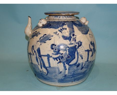 A late 19th/early 20th century Chinese teapot of exaggerated globe form with blue and white decoration of four figures, on ri