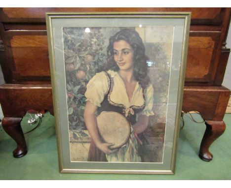 Vintage print circa 1950 after Luigi Amato (1898-1961), "Giovanne Donna" - (Young Lady), portrait of a tambourine player in C