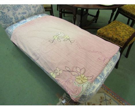 A middle 20th Century pink fine stripe cotton throw with applique hand stitched flowers, 240cm long x 176cm wide, light stain