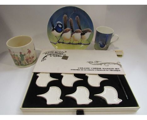 A Fortnum and Mason stilton cheese pot, ceramic cheese marker set and a Maxwell Williams Birds of Australia china mug and pla