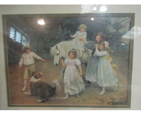 Lithograph "Golden Hours" after Arthur Elsley (1860-1952), children taking rides on a pony, signed and dated 1908 in the plat