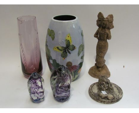 A 1980's Caithness purple glass vase with box, 7" high, A Benaya by Innovation ceramic vase marked JP '06, 8" high, a small p