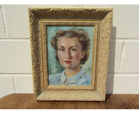 A portrait of Janet Marsden born Darwen Lancs 19 Feb 1924.  Painted Denton Park, likely circa 1950's oil on board.  35cm x 26