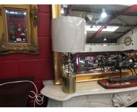 A pair of brushed bronze based, double clear gourd column lamp with shades, 58cm tall 