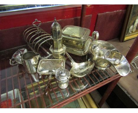 Mixed silver plate including sauce boat, cruet, soup ladle, toast rack, sugar castor and wafer box 