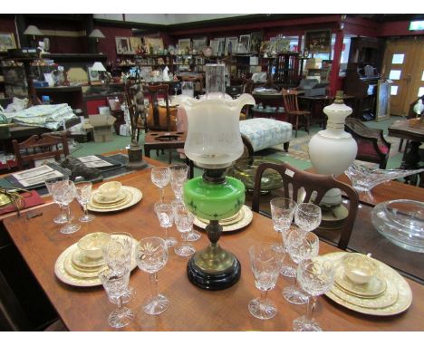 A Victorian oil lamp with opaque green glass reservoir, frosted / etched shade, 60cm tall total