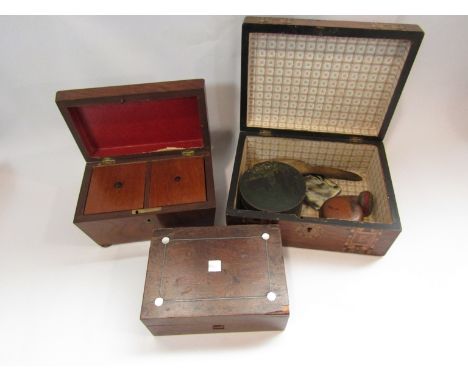 A Victorian mahogany twin compartment tea caddy, a circa 1900 marquetry box with contents and another (3)
