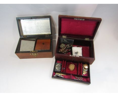 A leather jewellery box with contents including Blue John ring etc and a domed top tea caddy 
