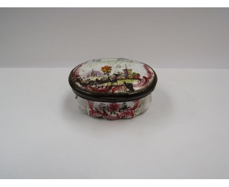 Oval enamel Patchbox mid 18th Century with mirror on inside, lid hinged, decorated on all sides, 2 x 5 x 4 cm (a/f)