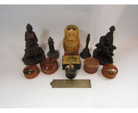 A selection of collectables to include a Russian doll, assorted trinket boxes, a brass architects folding ruler, carved stone