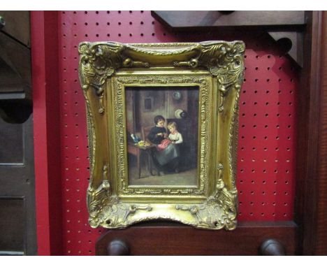 A modern oleograph print depicting interior Victorian scene with Mother &amp; Child and Princess, gilt framed (2)