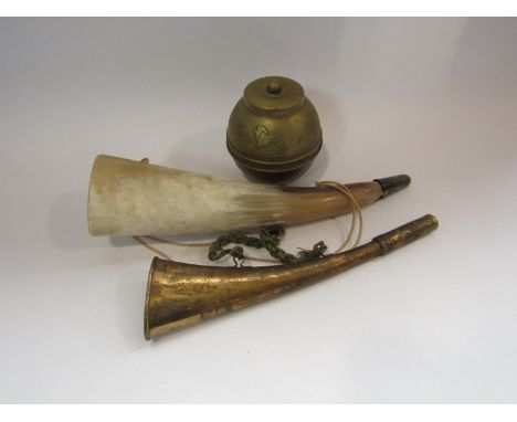 A British Empire Exhibition 1924 brass tea caddy, a brass horn and another