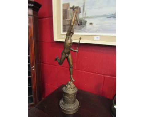 A Spelter lamp base depicting Hermes, damaged, 57cm high, a brass magazine rack and magazine rack in the form of a book