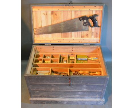 An Early Wooden Woodworking Box containing various Hand Tools and Accessories 