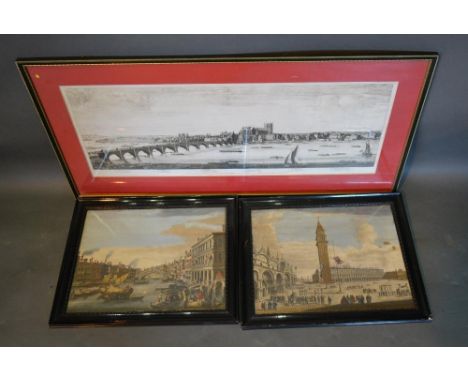 A Pair Of Coloured Prints On Venice, together with a print of Westminster Bridge 