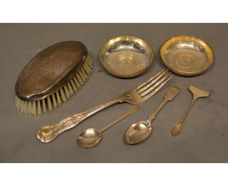 A Victorian Silver Table Fork, Together With A Silver Backed Brush, two coin set dishes and three silver spoons 