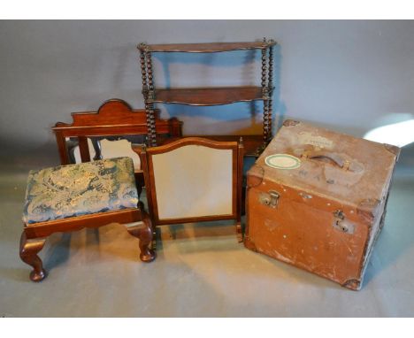 A Victorian Mahogany Wall Shelf together with a Mahogany Mirror, a rectangular Stool, a swing frame Toilet Mirror and a Trave