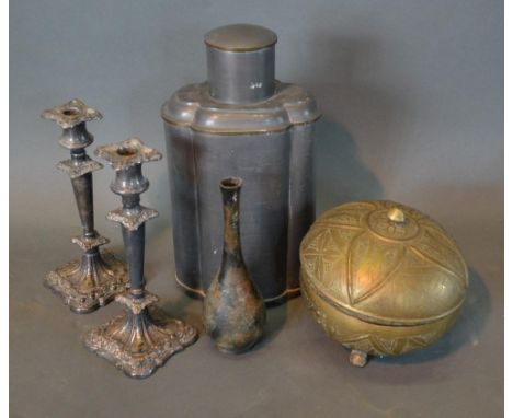 A Chinese Large Pewter Tea Caddy Together With A Small Collection of other metal wares 