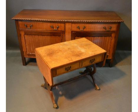 A Walnut Miniature Sofa Table With Two Frieze Drawers and twin end lyre supports, together with a mahogany bow fronted side c