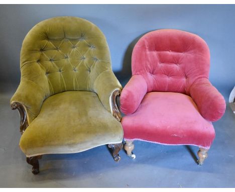 A Victorian Walnut Drawing Room Armchair with a button upholstered back above a serpentine seat with carved scroll arms and c