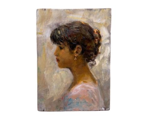 Profile of a woman - Artistic sketch, oil on panel, 20th century, Italian school, depicting a profile of a woman. Dimensions: