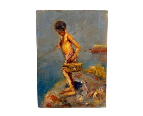 Young fisherman - Artistic sketch, oil on panel, 20th century, Italian school, depicting a young fisherman. Dimensions: 17x24
