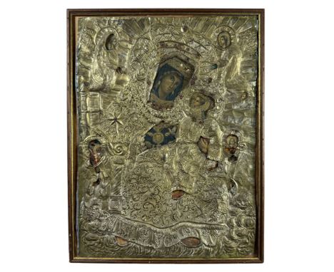 Icon  decorative sacred object - Icon, a decorative sacred object, 19th century, in silver-plated metal with relief work. Dim