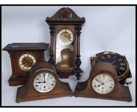 A collection of five clocks to include three mantle clocks, two being Napoleon eight day, Westminster chime mantle clocks, an