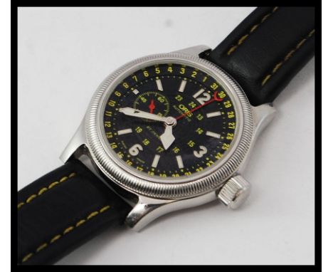 An Oris Automatic Big Crown black faced wristwatch. Oris 27 Jewel Swiss Made 644 movement set to a black leather strap. The b
