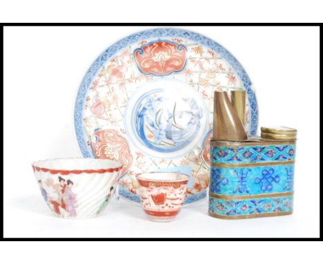 A collection of antique Chinese / oriental items to include tea cup, Cloisonne enamel painted pourer, and a fine porcelain ha