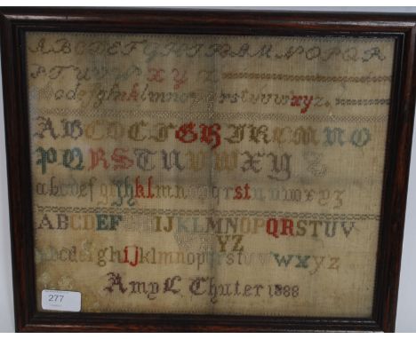 A Victorian mahogany  framed tapestry sampler - made by an Amy Chuter and dated 1888. H28 cm . Framed and glazed
