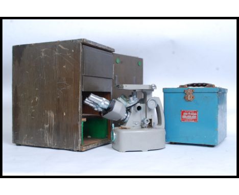 A vintage industrial Martindale Etcher machine, along with a large Metallurgy Union 8670 microscope, in the original wooden c