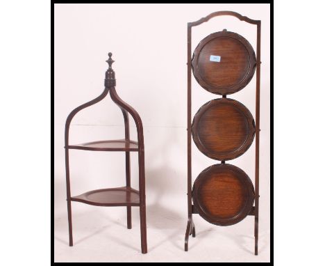 A Victorian mahogany bell shaped two tier cake / serving stand with turned  finial top, along with a folding 1930's oak metam