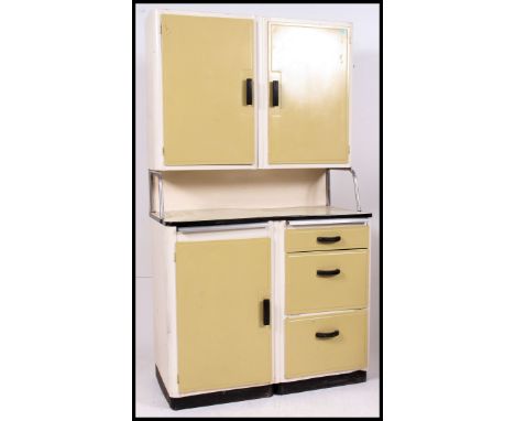 A superb vintage retro 1950 / 60's all metal aluminum kitchen cabinet dresser unit being two tone with upper cupboard on angl