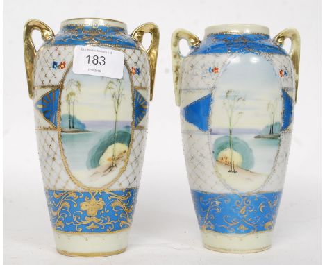 A pair of 20th Century Kinjo china hand painted twin handled Nippon vases decorated with landscape and seascape reverse panel