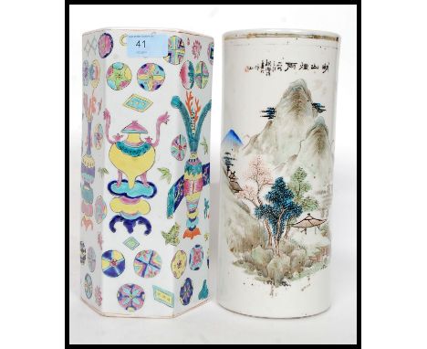 Two 19th century Chinese vases. The first being hexagonal form, decorated with various brightly coloured oriental pieces, the