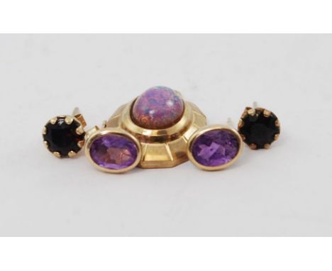 A 9ct gold opal set necklace pendant. Together with a pair of 9ct gold amethyst set stud earrings and another pair of 9ct gol