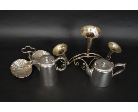 A small group of silver plate items to include a tea pot and water pot, Epergne etc