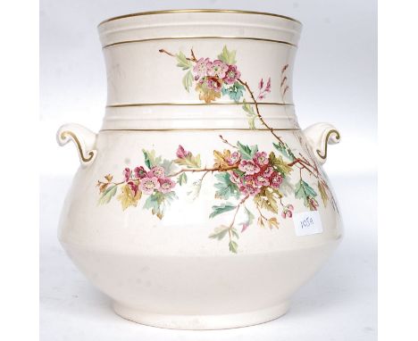 A 19th century Victorian large Staffordshire ceramic twin handled barrel vase complete with frog grid top. Chintz floral spra