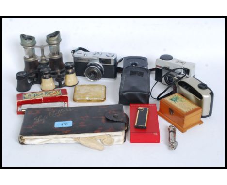 A dealers lot to include a Rob Roy Harp Harmonica by Hohner, lucite cigarette case, Acme Boy Scouts Whisyle, binoculars, silk