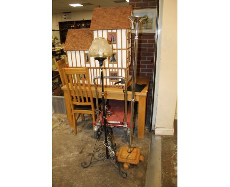 A RETRO CHROME EFFECT UPLIGHTER TOGETHER WITH A VINTAGE CAST STANDARD LAMP (2)