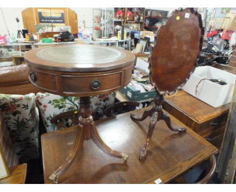 AN 'E & S GOTT' MAHOGANY TRIPOD TABLE TOGETHER WITH A DRUM TABLE & A TAPESTRY (3)