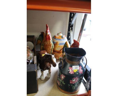 A PAIR OF CERAMIC CHICKEN FIGURES, HORSE FIGURE ETC (5)