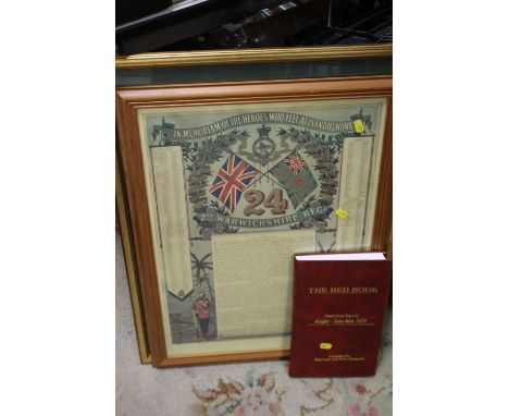 A FRAMED AND GLAZED WARWICKSHIRE MEMORIAL PRINT TOGETHER WITH ANOTHER AND A NATAL PRESS  REPORTS BOOK OF THE ANGLO - ZULU WAR