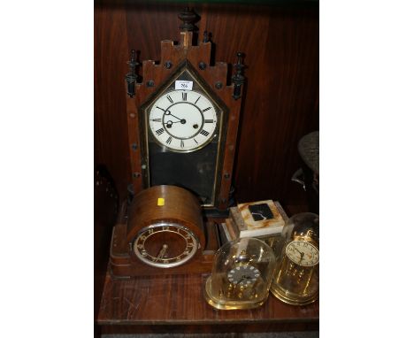A LARGE EDWARDIAN MANTLE CLOCK TOGETHER WITH RETRO AND ART DECO EXAMPLES PLUS 2 OTHERS (5)