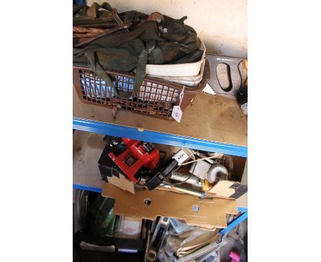 A GRINDER, CIRCULAR SAW, GREASER  QUANTITY OF WELDING ELECTRODES PLUS TWO BOXES OF ASSORTED ITEMS TO INC GRINDER BLADES ETCª