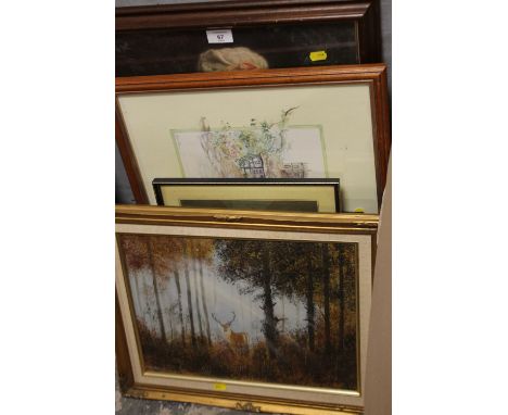 A COLLECTION OF ASSORTED PICTURES AND PRINTS TO INCLUDE AN OIL ON CANVAS DEPICTING A STAG IN WOODLAND, PEARS SOAP PRINT ETC. 
