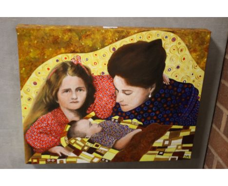 A MODERN OIL ON CANVAS ENTITLED 'FAMILY' BY DEBBIE MURPHY INSCRIBED VERSO AND INITIALLED LOWER RIGHT TOGETHER WITH A MODERN O