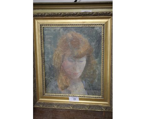 A GILT FRAMED OIL ON BOARD PENSIVE PORTRAIT STUDY OF A YOUNG GIRL INITIALLED VERSO B D 